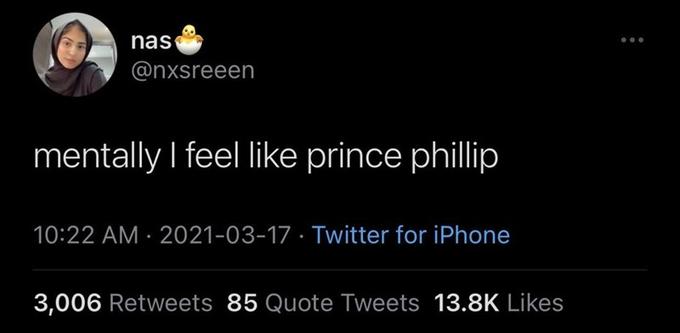 nas @nxsreeen mentally I feel like prince phillip 10:22 AM · 2021-03-17 · Twitter for iPhone 3,006 Retweets 85 Quote Tweets 13.8K Likes