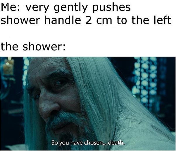 Me: very gently pushes shower handle 2 cm to the left the shower: So you have chosen.. death.
