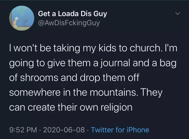 Get a Loada Dis Guy @AwDisFckingGuy I won't be taking my kids to church. I'm going to give them a journal and a bag of shrooms and drop them off somewhere in the mountains. They can create their own religion 9:52 PM · 2020-06-08 · Twitter for iPhone