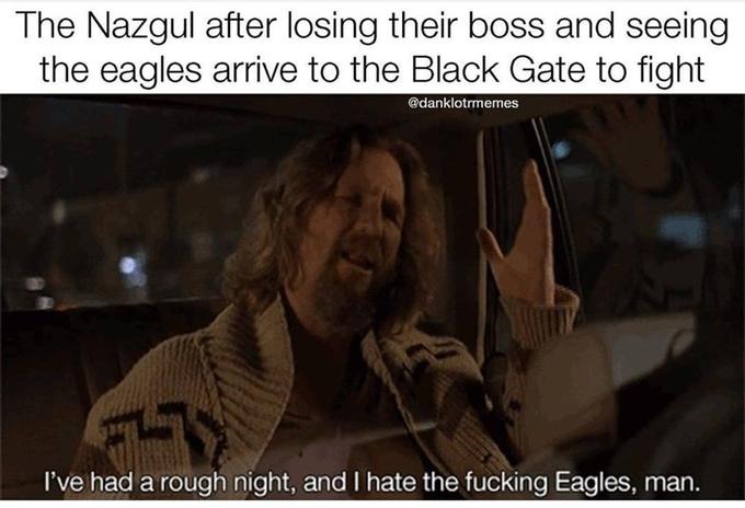 The Nazgul after losing their boss and seeing the eagles arrive to the Black Gate to fight @danklotrmemes I've had a rough night, and I hate the f------ Eagles, man.