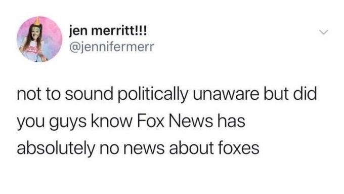 jen merritt!!! @jennifermerr not to sound politically unaware but did you guys know Fox News has absolutely no news about foxes