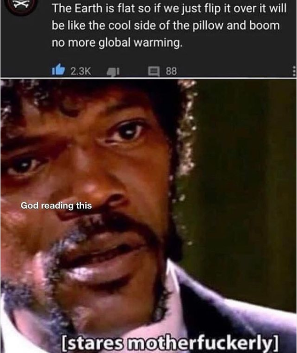 The Earth is flat so if we just flip it over it will be like the cool side of the pillow and boom no more global warming. I 2.3K 88 God reading this [stares motherfuckerly]