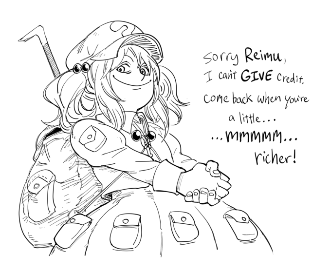 sorry Reimu, I carit GIVE credit. come back when you're a little... ...mmmMM... richer! Head Hand Hairstyle Sleeve Organism Art Gesture Font Happy Style Finger Elbow