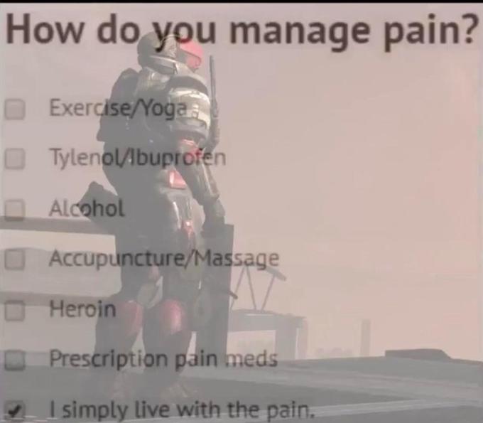 How do you manage pain? Exercise/Yoga O TylenolAbuprofen O Alcohol OAccupuncture/Massage O Heroin O Prescription pain meds I simply live with the pain.