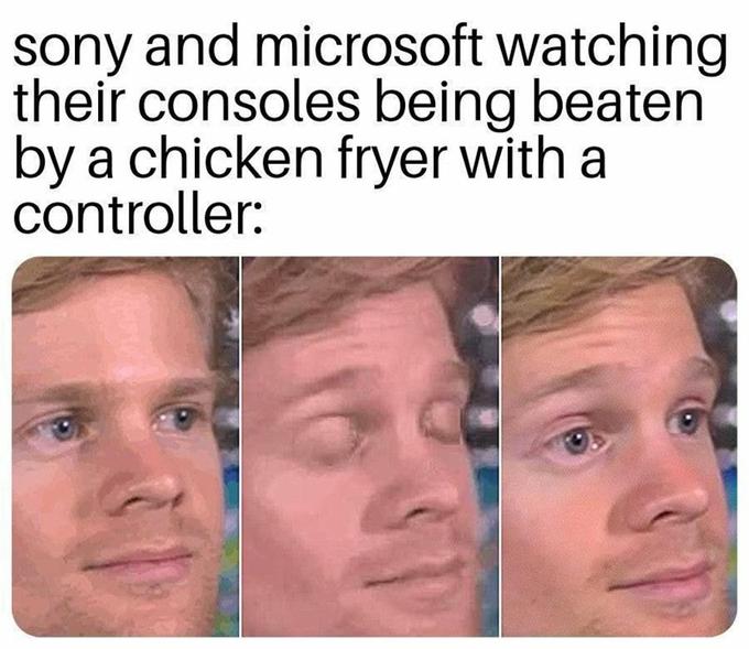 sony and microsoft watching their consoles being beaten by a chicken fryer with a controller: