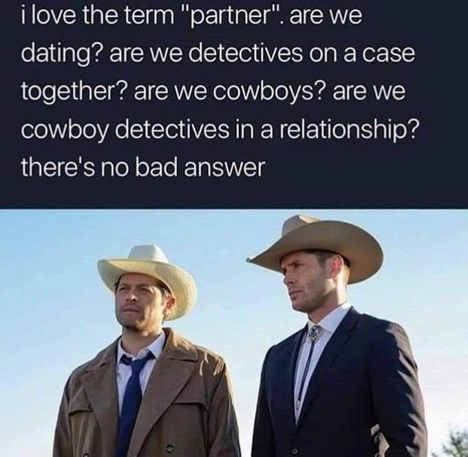 i love the term "partner". are we dating? are we detectives on a case together? are we cowboys? are we cowboy detectives in a relationship? there's no bad answer