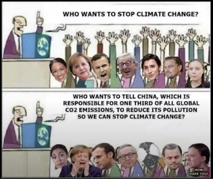 WHO WANTS TO STOP CLIMATE CHANGE? WHO WANTS TO TELL CHINA, WHICH IS RESPONSIBLE FOR ONE THIRD OF ALL GLOBAL Co2 EMISSIONS, TO REDUCE ITS POLLUTION sO WE CAN STOP CLIMATE CHANGE? THOW DARE YOU!