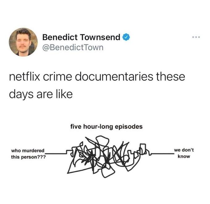 Benedict Townsend @BenedictTown netflix crime documentaries these days are like five hour-long episodes who murdered this person??? we don't know