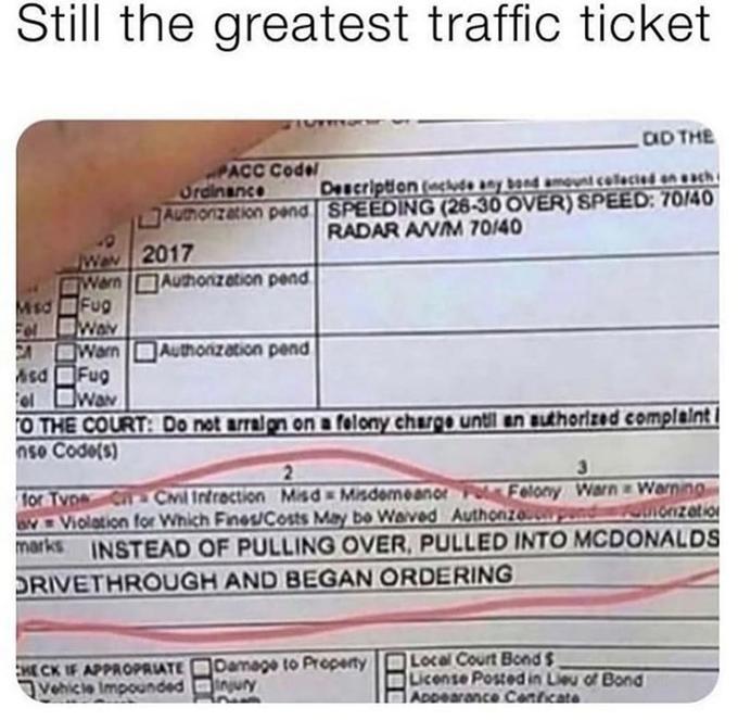 Still the greatest traffic ticket CD THE PACC Codel Ordinance AUmonzation pend SPEEDING (26-30 OVER) SPEED: 70/40 Description (cude ny bend amouni ceolecied en nch RADAR ANM 70/40 Wew 2017 Wern Authonzation pend Fug Msd Wav Fel Warn Authonization pend Asd Fug el l Owav O THE COURT: Do not arralon on a felony chargo unti an authorized complaint nso Code(s) 3. for Tvpe C- CMl Intraction Misd Misdemeanor Pol Felony Warn Warning VViolation for Which Fine/Costs May be Waved Authonze. marks INSTEAD OF PULLING OVER, PULLED INTO MCDONALDS Ionzation ORIVETHROUGH AND BEGAN ORDERING CHE CK IF APPROPRIATE Damage to Property Vehicle Impounded inury Local Court Bond $ License Posted in Lieu of Bond ADDearance Canticate