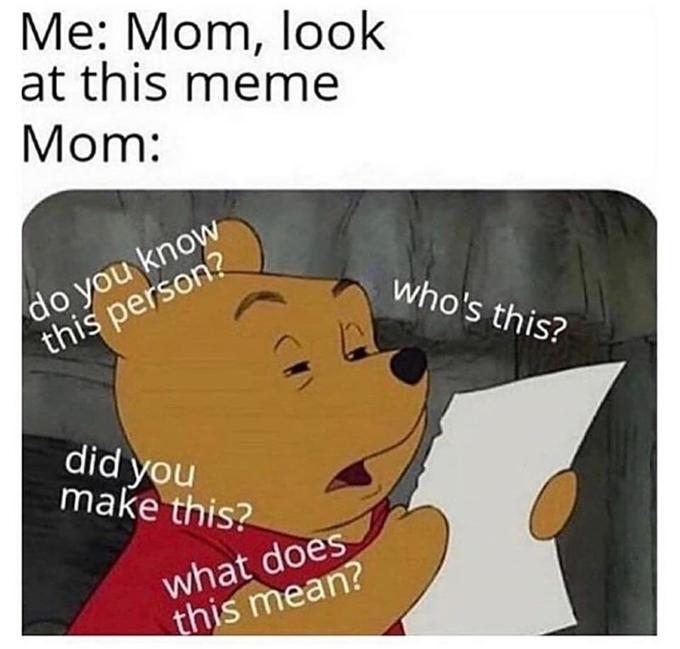 Me: Mom, look at this meme Mom: do you know this person? who's this? did you make this? what does this mean?
