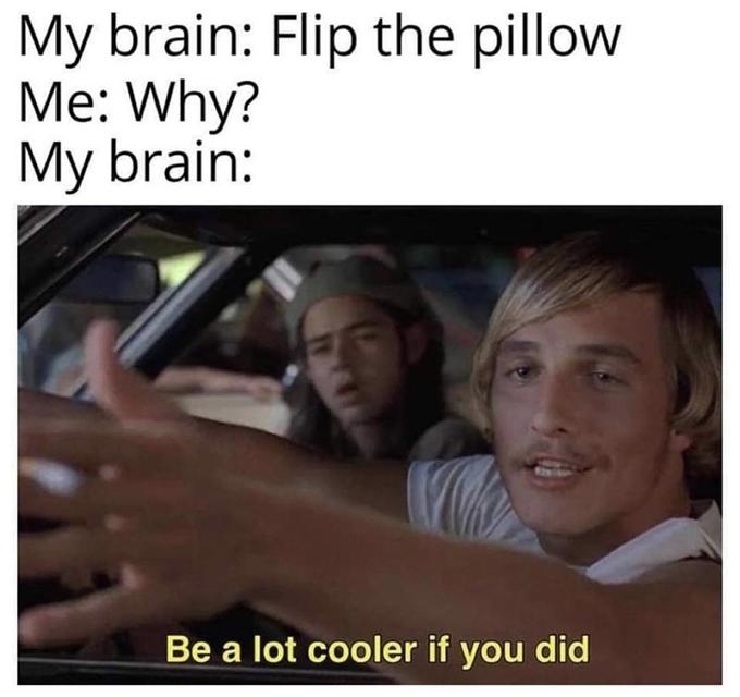 My brain: Flip the pillow Me: Why? My brain: Be a lot cooler if you did