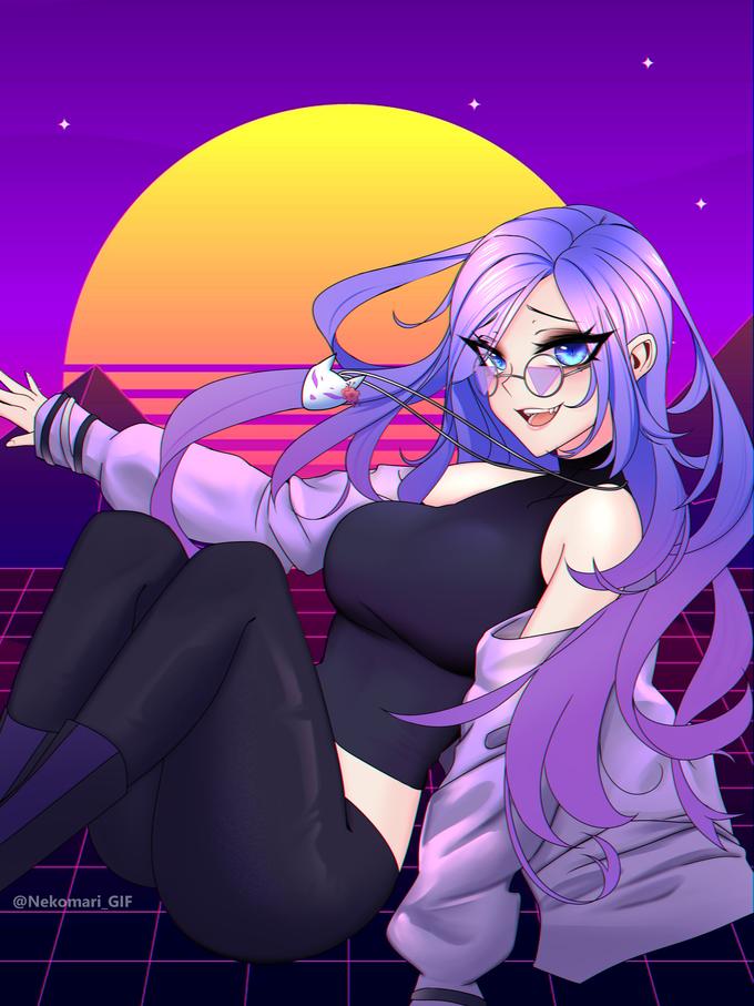 @Nekomari_GIF Facial expression Cartoon Purple Human body Gesture Violet Pink Magenta Black hair Art Cg artwork Fictional character