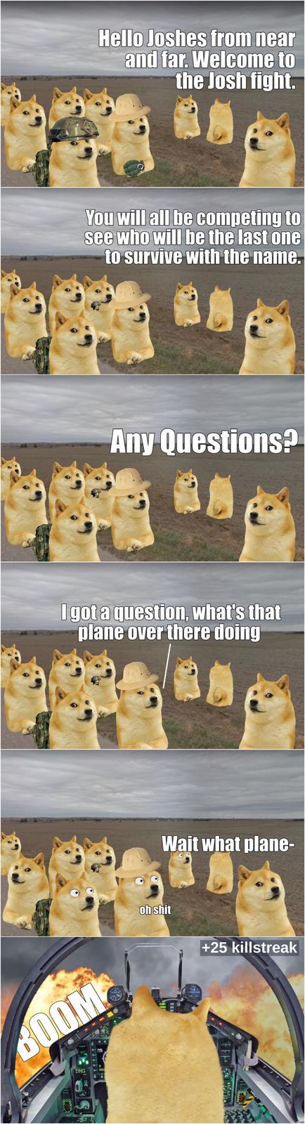 Hello Joshes from near and far. Welcome to the Josh fight. You will all be competing to see who will be the last one to survive with the name. Any Questions? I got a question, what's that plane over there doing Wait what plane- oh s--- +25 killstreak BOOM 5993 FFE