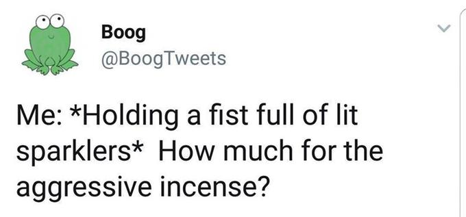 Вoog @BoogTweets Me: *Holding a fist full of lit sparklers* How much for the aggressive incense?