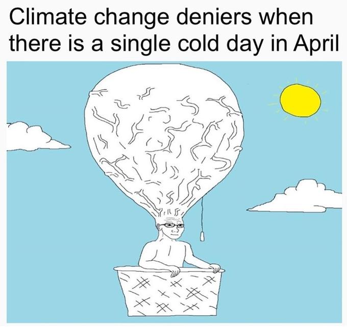 Climate change deniers when there is a single cold day in April