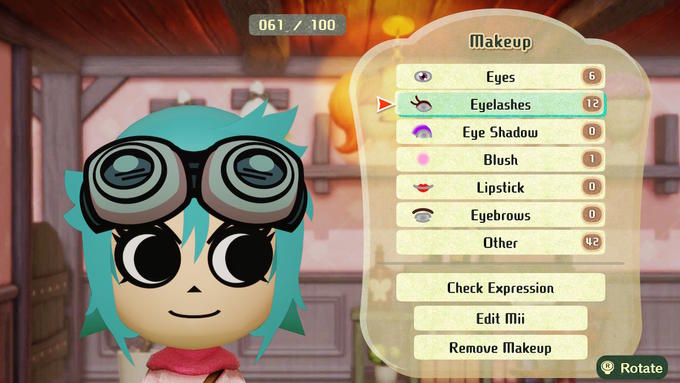 061 / 100 Makeup Eyes 6. Eyelashes 12 Eye Shadow Blush Lipstick Eyebrows Other 42 Check Expression Edit Mii Remove Makeup ®Rotate
