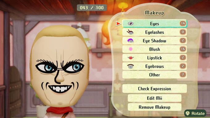 043 / 100 Makeup Eyes 14 Eyelashes Eye Shadow Blush 16 Lipstick Eyebrows Other 7 Check Expression Edit Mii Remove Makeup ®Rotate