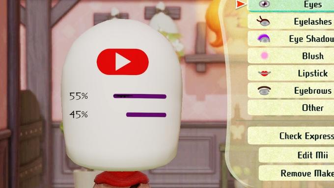 Eyes Eyelashes Eye Shadou Blush Lipstick Eyebrows 55% Other 45% Check Express Edit Mii Remove Make