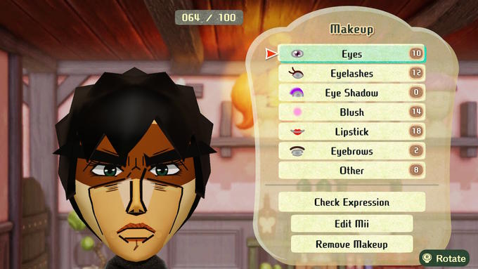 064 / 100 Makeup Eyes 10 Eyelashes 12 Eye Shadow Blush 14 Lipstick 18 Eyebrows Other 8 Check Expression Edit Mii Remove Makeup ®Rotate