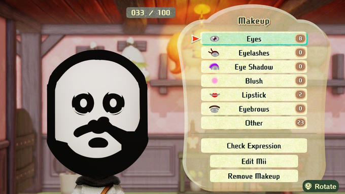 033 / 100 Makeup Eyes 8 Eyelashes Eye Shadow Blush Lipstick Eyebrows Other 23 Check Expression Edit Mii Remove Makeup ®Rotate