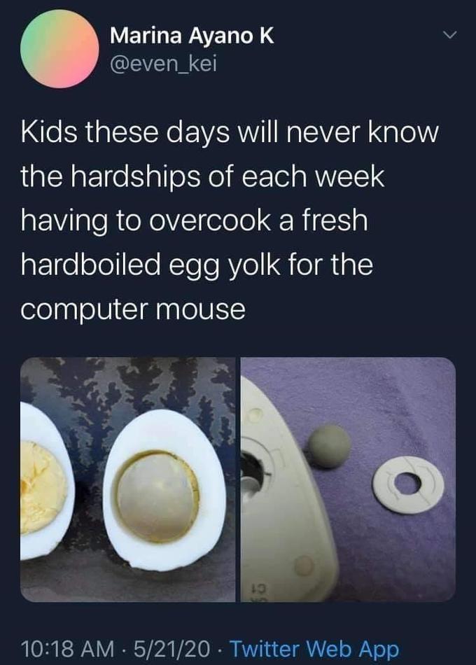 Marina Ayano K @even_kei Kids these days will never know the hardships of each week having to overcook a fresh hardboiled egg yolk for the computer mouse C1 10:18 AM - 5/21/20 - Twitter Web App
