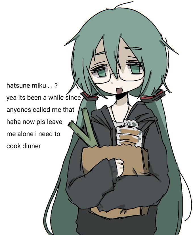 hatsune miku ..? yea its been a while since anyones called me that haha now pls leave me alone i need to cook dinner