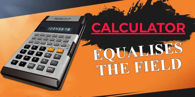 RETRO A CALCULATOR EQUALISES THE FIELD 123456 78. DEG BAD- GRA AC 6 3 EXP M+ DEL