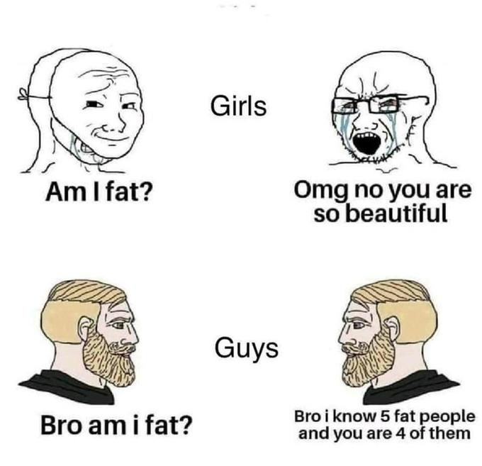 Girls Am I fat? Omg no you are so beautiful Guys Bro am i fat? Bro i know 5 fat people and you are 4 of them