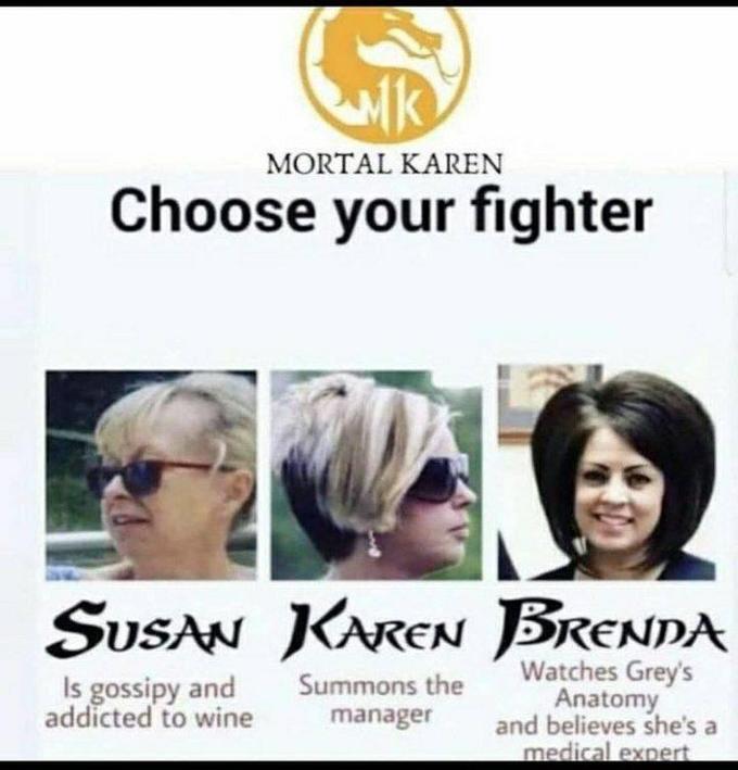 MORTAL KAREN Choose your fighter SUSAN KAREN BRENDA Is gossipy and addicted to wine Watches Grey's Anatomy and believes she's a medical expert Summons the manager