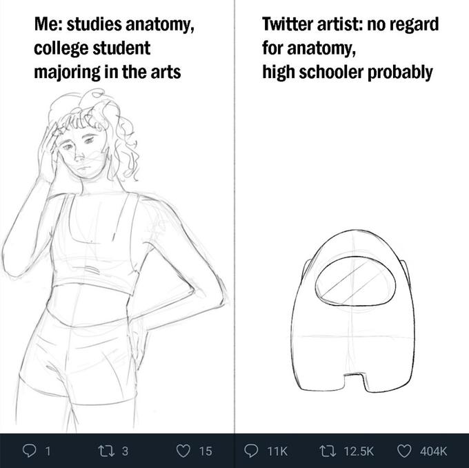 Me: studies anatomy, college student majoring in the arts Twitter artist: no regard for anatomy, high schooler probably 27 3 O 15 11K 27 12.5K 404K