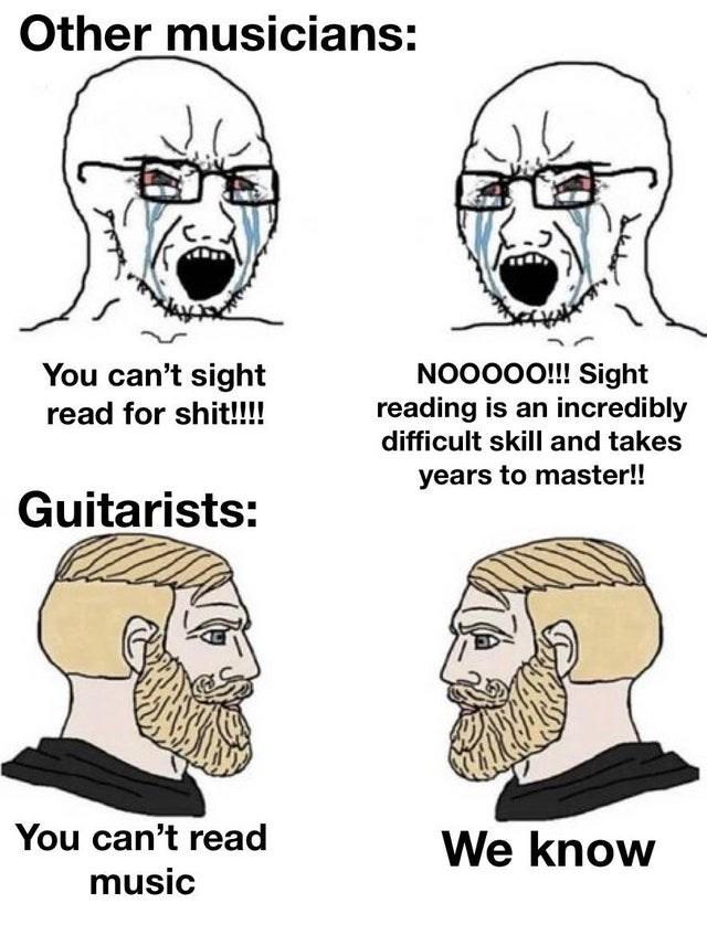 Funny meme about guitarists vs. other musicians found in a <a href=https://cheezburger.com/14331653/melodious-memes-for-music-lovers>list of Melodious Memes For Music Lovers</a>. Plenty more to see there.