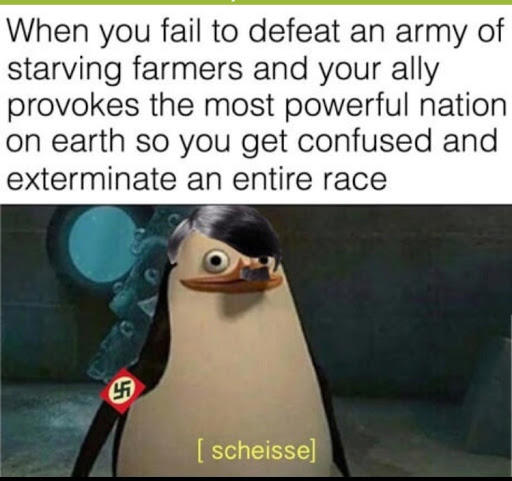 When you fail to defeat an army of starving farmers and your ally provokes the most powerful nation on earth so you get confused and exterminate an entire race [ scheisse]