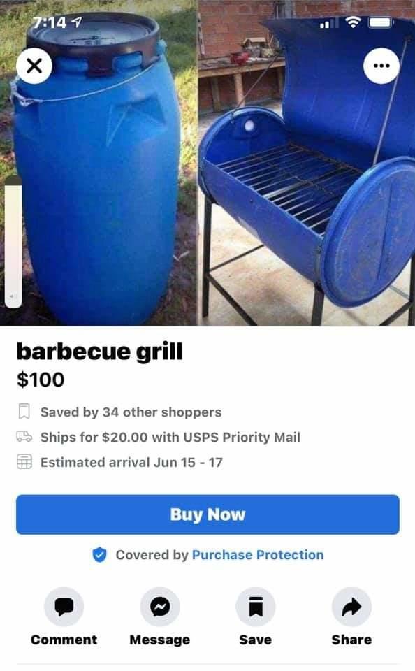 7:14 7 barbecue grill $100 A Saved by 34 other shoppers A Ships for $20.00 with USPS Priority Mail Estimated arrival Jun 15 - 17 Buy Now Covered by Purchase Protection Comment Message Save Share