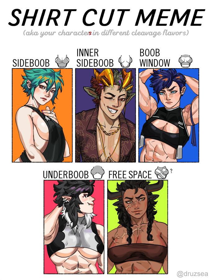 SHIRT CUT MEME (aka charactes in different cleavage flavors) your INNER SIDEBOOB WINDOW BOOB SIDEBOOB ? UNDERBOOB FREE SPACE @druzsea