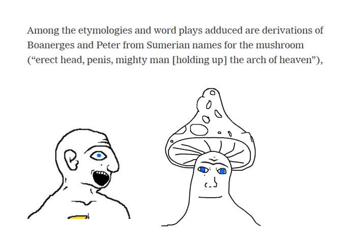Among the etymologies and word plays adduced are derivations of Boanerges and Peter from Sumerian names for the mushroom (“erect head, penis, mighty man [holding up] the arch of heaven"),