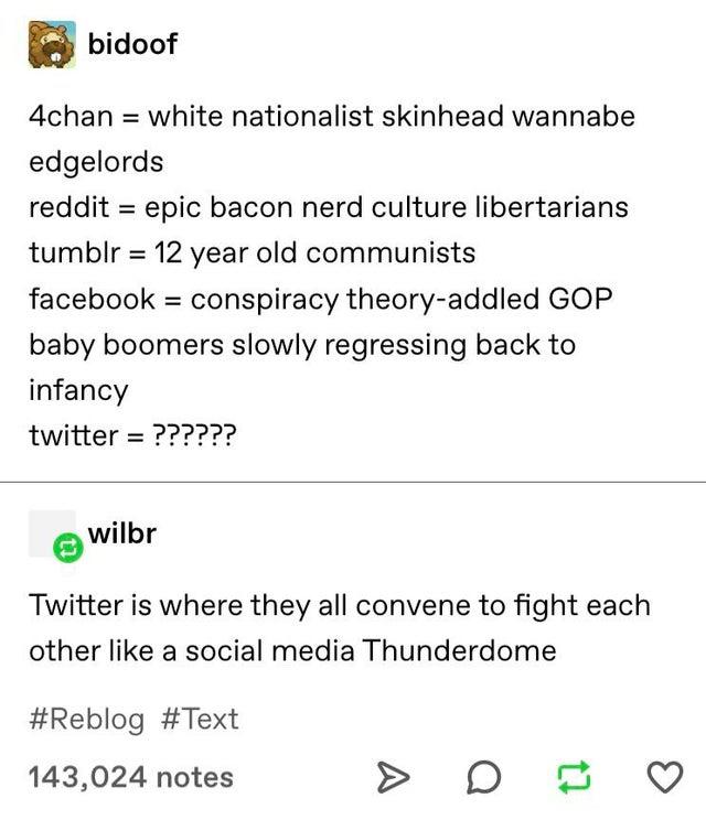 bidoof 4chan = white nationalist skinhead wannabe edgelords reddit = epic bacon nerd culture libertarians tumblr = 12 year old communists %3D facebook = conspiracy theory-addled GOP baby boomers slowly regressing back to infancy twitter = ?????? wilbr Twitter is where they all convene to fight each other like a social media Thunderdome #Reblog #Text 143,024 notes A