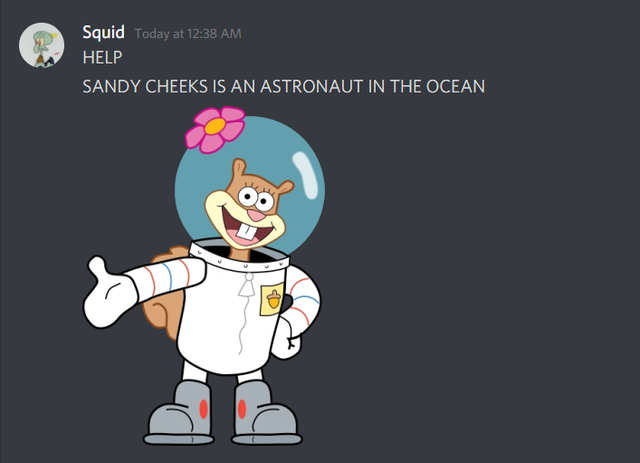 Squid Today at 12:38 AM HELP SANDY CHEEKS IS AN ASTRONAUT IN THE OCEAN