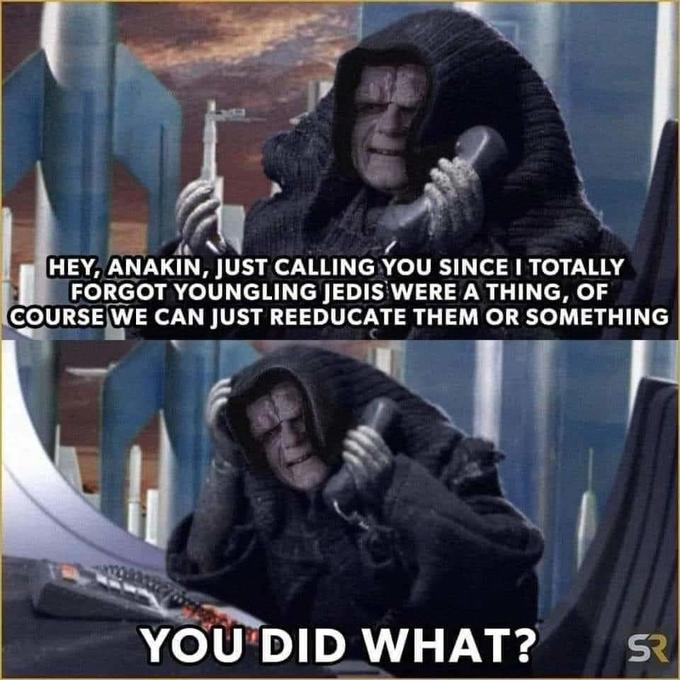 HEY, ANAKIN, JUST CALLING YOU SINCE I TOTALLY FORGOT YOUNGLING JEDIS WERE A THING, OF COURSE WE CAN JUST REEDUCATE THEM OR SOMETHING YOU DID WHAT?