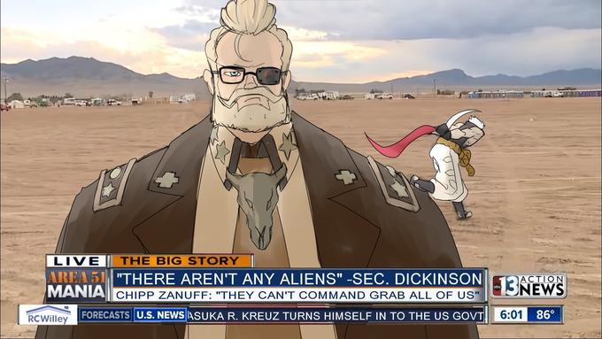 LIVE AREA 51 "THERE AREN'T ANY ALIENS" -SEC. DICKINSON13AWN MANIA THE BIG STORY ACTION CHIPP ZANUFF: "THEY CAN'T COMMAND GRAB ALL OF US" RCWilley FORECASTS U.S. NEWS ASUKA R. KREUZ TURNS HIMSELF IN TO THE US GOVT 6:01 86°