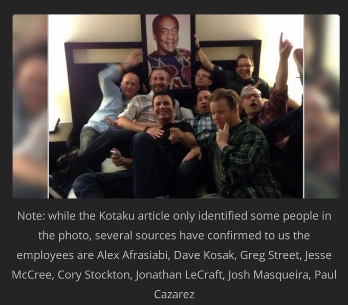 Note: while the Kotaku article only identified some people in the photo, several sources have confirmed to us the employees are Alex Afrasiabi, Dave Kosak, Greg Street, Jesse McCree, Cory Stockton, Jonathan LeCraft, Josh Masqueira, Paul Cazarez