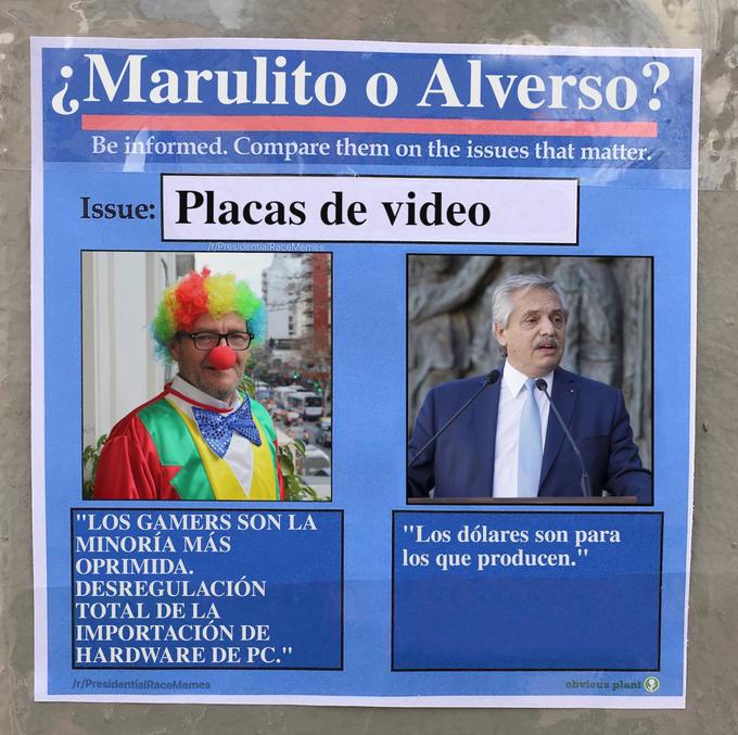Translation:
<blockquote>Gamers are the most oppressed minority. Total deregulation of PC hardware import.</blockquote>

<blockquote>«<a href="https://www.telam.com.ar/notas/202009/516963-alberto-fernandez-generar-mas-produccion-y-mas-trabajo-sera-nuestra-victoria.html">The dollars are for those who produce</a>».</blockquote>