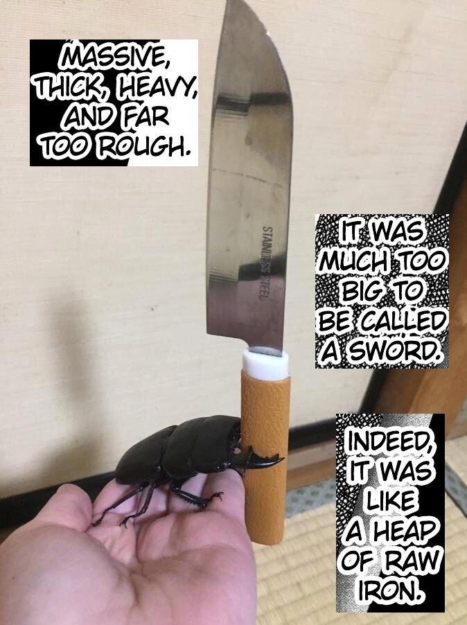 MASSIVE, THICK, HEAVY, AND FAR TOO ROUGH. IT WAS MUCH TOO BIG TO BE CALLED A SWORD. INDEED, IT WAS CIKE A HEAP OF RAW IRON STAINLESS STEEL