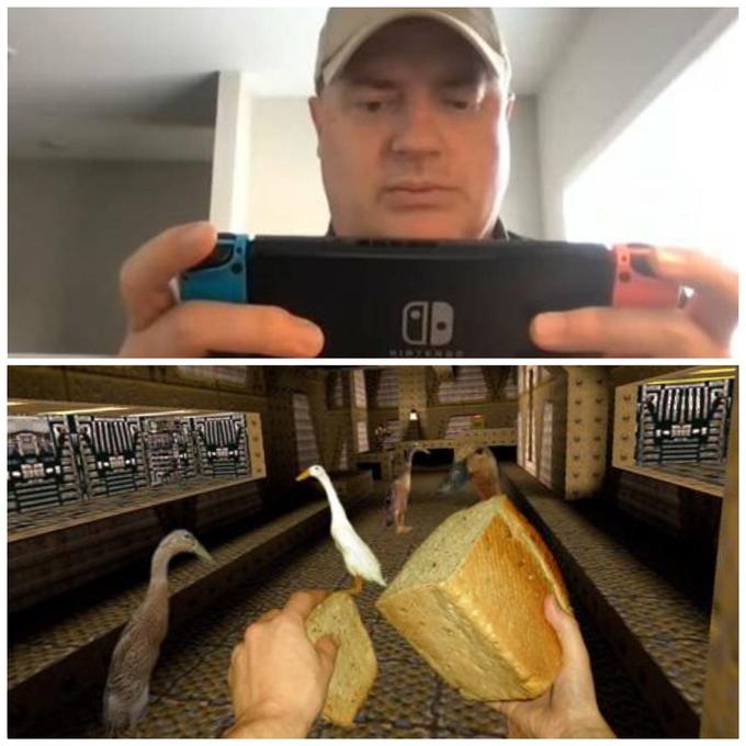 The upper image is from:  https://www.nintendolife.com/news/2021/08/random_brendan_fraser_was_so_busy_playing_switch_he_missed_the_start_of_a_meet_and_greet

The bottom image is one of those old-as-the-internet images.
