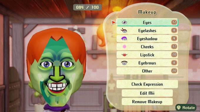 084 / 100 Makeup Eyes 12 Eyelashes 8 Eyeshadow Cheeks 12 Lipstick 20 Eyebrows 8 Other 20 Check Expression Edit Mii Remove Makeup ®Rotate