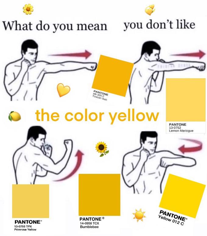you don't like What do you mean PANTONE 48-305 F Tuscan Sun the color yellow PANTONE 13-0752 Lemon Meringue PANTONE Yellow 012 C PANTONE PANTONE 14-0958 TCX Bumblebee 13-0755 TPX Primrose Yellow