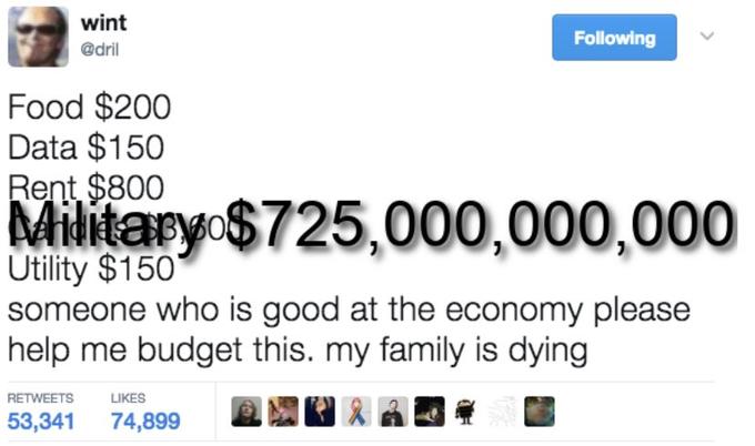 wint Following @dril Food $200 Data $150 Rent $800 Militaryo$725,000,000,000 Útility $150 someone who is good at the economy please help me budget this. my family is dying RETWEETS LIKES 53,341 74,899