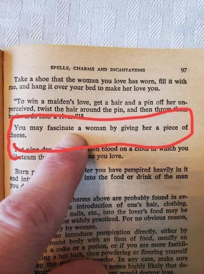Spells, Charms, and Incantations book: You may fascinate a woman by giving her a piece of cheese.
