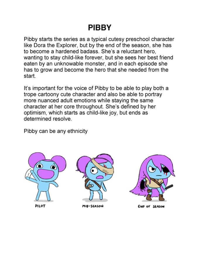 PIBBY Pibby starts the series as a typical cutesy preschool character like Dora the Explorer, but by the end of the season, she has to become a hardened badass. She's a reluctant hero, wanting to stay child-like forever, but she sees her best friend eaten by an unknowable monster, and in each episode she has to grow and become the hero that she needed from the start. It's important for the voice of Pibby to be able to play both a trope cartoony cute character and also be able to portray more nuanced adult emotions while staying the same character at her core throughout. She's defined by her optimism, which starts as child-like joy, but ends as determined resolve. Pibby can be any ethnicity PILOT MID-SEASON END OF SEASON