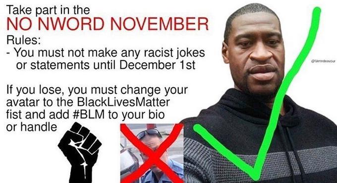 Take part in the NO NWORD NOVEMBER Rules: - You must not make any racist jokes or statements until December 1st @verndeavour If you lose, you must change your avatar to the BlackLivesMatter fist and add #BLM to your bio or handle