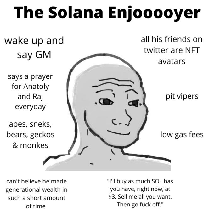 The Solana Enjooooyer wake up and all his friends on twitter are NFT say GM avatars says a prayer for Anatoly and Raj pit vipers everyday apes, sneks, bears, geckos low gas fees & monkes "I'll buy as much SOL has you have, right now, at $3. Sell me all you want. Then go f--- off." can't believe he made generational wealth in such a short amount of time